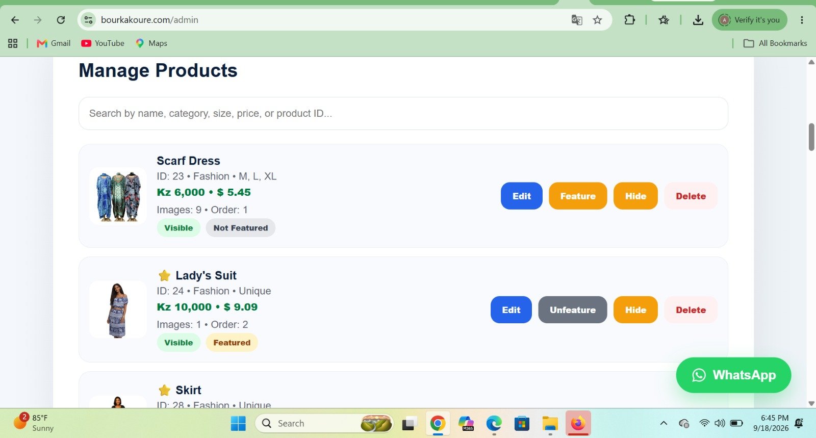 Bourka Koure catalogue management interface